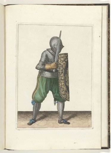 The exercise with the targe and rapier: how the soldier must defend himself with the targe resting against the left knee and left shoulder, the drawn rapier in hand (no. 8), 1618