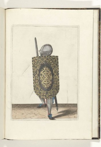 The exercise with the targe and rapier: how the soldier must defend himself with the targe resting against the left knee and left shoulder, the drawn rapier in hand, seen from the front (no. 9), 1618