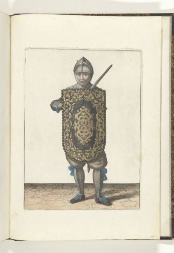 The exercise with the targe and rapier: the soldier straightening up again and taking the position with rapier and targe in front of the chest and visor open (no. 10), 1618