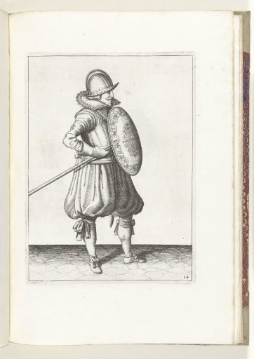 The exercise with shield and spear: the soldier places the spear in position to drag it in two movements, second movement (no. 14), 1618