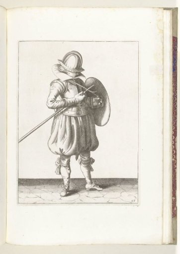 The exercise with shield and spear: the soldier holds the spear and shield close to the body (no. 15), 1618