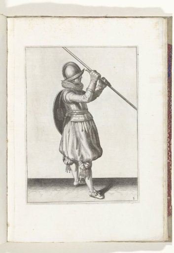 The exercise with shield and spear: the soldier with the spear held diagonally in both hands and the shield on his back (no. 2), 1618