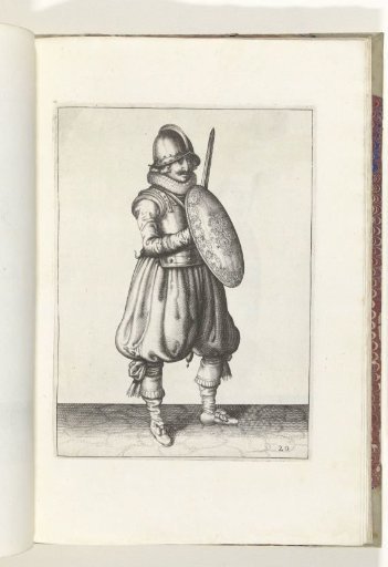 The exercise with shield and spear: the soldier in a posture with his rapier and shield before the chest (no. 20), 1618