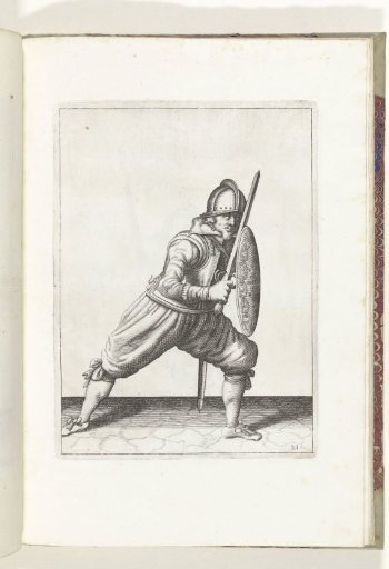The exercise with shield and spear: the soldier in a defensive posture with one foot forward and his rapier and shield on the knee before the body (no. 21), 1618