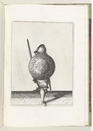 The exercise with shield and spear: the soldier in a defensive posture with one foot forward and his rapier and shield on the knee before the body, seen from the front (no. 22), 1618