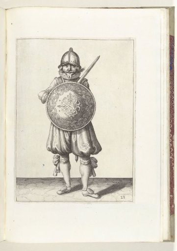 The exercise with shield and spear: the soldier standing at rest with his rapier resting on the left shoulder behind the shield (no. 23), 1618