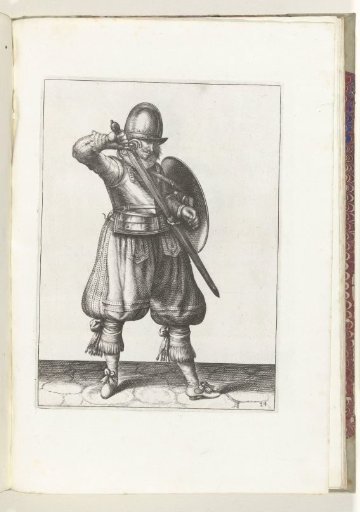 The exercise with shield and spear: the soldier returns his rapier to the scabbard (no. 24), 1618