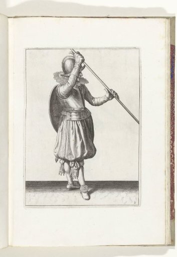 The exercise with shield and spear: the soldier with the spear held diagonally in both hands with his right hand at his head and the shield on his back (no. 3), 1618