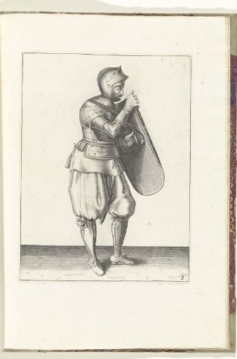 The exercise with targe and rapier: the soldier holds the targe with his right hand and grasps the strap with his left hand (no. 3), 1618