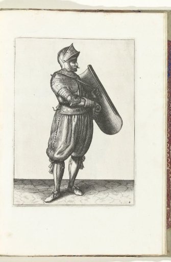 The exercise with targe and rapier: the soldier holds the targe slightly forward to be able to draw the rapier (no. 4), 1618