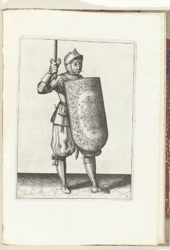 The exercise with targe and rapier: the soldier holds the drawn rapier no higher than his face (no. 5), 1618