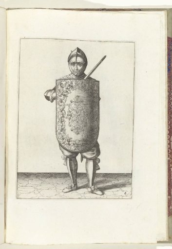 The exercise with targe and rapier: the soldier holds the targe before the chest and the drawn rapier against his left shoulder (no. 6), 1618