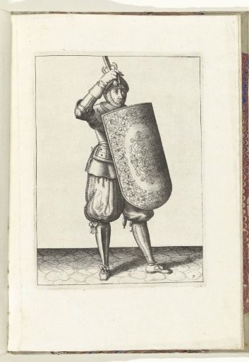 The exercise with targe and rapier: how the soldier must close the visor of his helmet with the targe and the drawn rapier in hand (no. 7), 1618