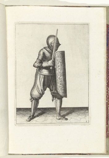The exercise with targe and rapier: how the soldier must defend himself with the targe resting against his left knee and left shoulder, the drawn rapier in hand (no. 8), 1618