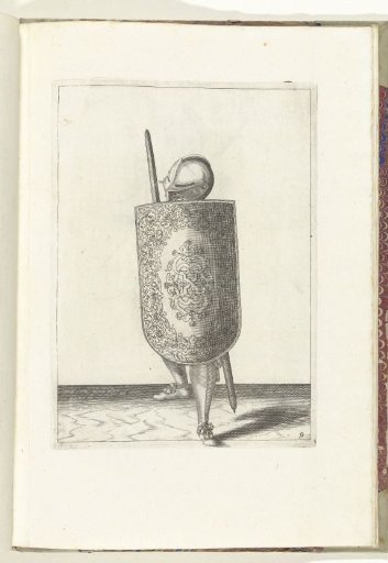 The exercise with targe and rapier: how the soldier must defend himself with the targe resting against his left knee and left shoulder, the drawn rapier in hand, seen from the front (no. 9), 1618