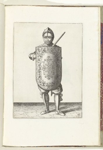 The exercise with targe and rapier: the soldier straightens up again and takes the position with rapier and targe before the chest and visor open (no. 10), 1618