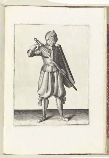 The exercise with targe and rapier: the soldier returns his rapier to the scabbard (no. 11), 1618