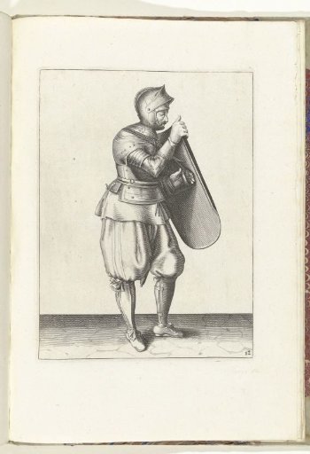 The exercise with targe and rapier: the soldier frees his hand from the targe's strap (no. 12), 1618