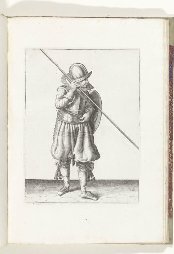 The exercise with shield and spear: the soldier brings the shield while marching from the back in front of the body (no. 5), 1618