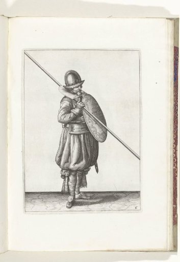 The exercise with shield and spear: the soldier holds the shield with the left hand in front of the body (no. 6), 1618