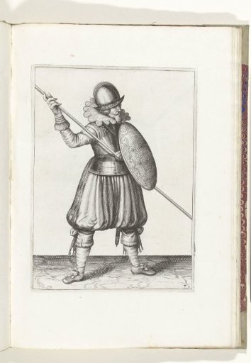The exercise with shield and spear: the soldier brings the spear into position in three beats, first movement (no. 7), 1618