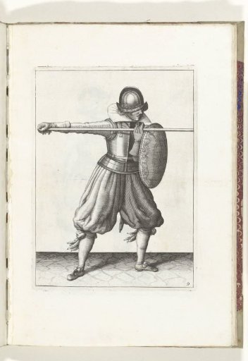The exercise with shield and spear: the soldier brings the spear into position in three beats, third movement with the spear straight forward (no. 9), 1618