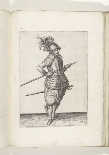 Soldier carrying his pike with both hands at his right side, point angled upwards and close to his stomach (no. 20), ca. 1600