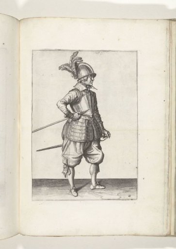 Soldier carrying his pike with his right hand at his right side, point angled upwards and close to his stomach (no. 21), ca. 1600