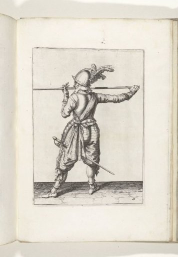 Soldier, seen from the back, carrying his pike with both hands horizontally at nose height, his right hand at the butt of the weapon, his face turned to the left (no. 29), ca. 1600