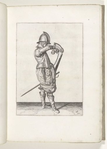 Soldier pouring powder into the barrel of his musket (no. 23), ca. 1600