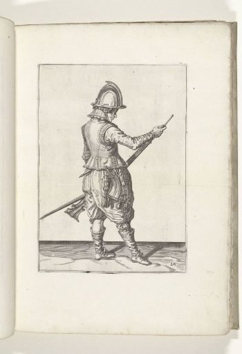 Soldier pushing powder and bullet into the barrel of his musket with his ramrod (no. 26), ca. 1600
