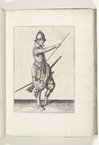 Soldier with a musket sliding his right hand toward the end of his ramrod (no. 28), ca. 1600