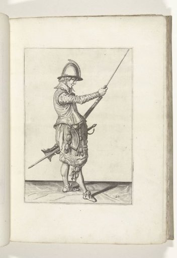 Soldier sliding his ramrod into the holder under the barrel of his musket (no. 29), ca. 1600