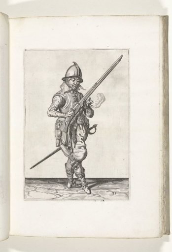 Soldier on guard holding his musket diagonally upward with his right hand, letting the barrel fall in his left hand (no. 35), ca. 1600