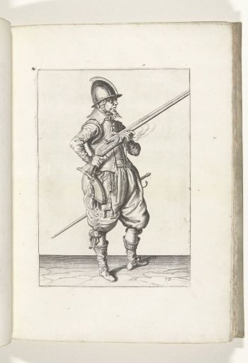 Soldier on guard holding his musket diagonally upward at his right side, finger on the trigger (no. 36), ca. 1600