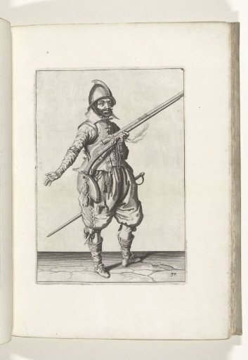Soldier on guard holding his musket diagonally upward at his right side with his left hand, his right hand extended (no. 37), ca. 1600