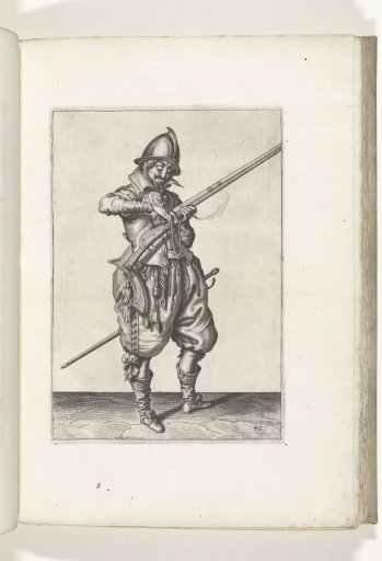Soldier on guard shaping the match on the cock of his musket to the correct position and form (no. 41), ca. 1600