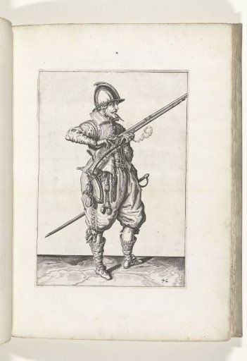 Soldier on guard covering the pan of his musket with two fingers to prevent sparks (no. 42), ca. 1600