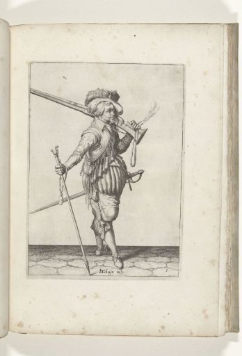 Soldier carrying his musket on his left shoulder and holding his fork in his right hand (no. 1), ca. 1600