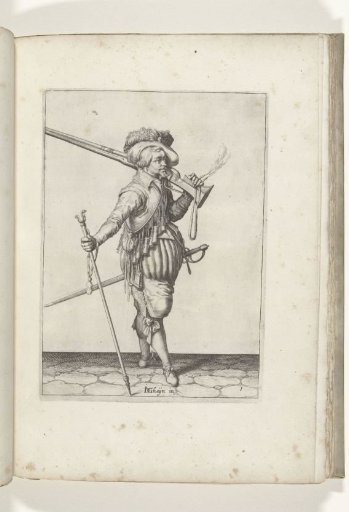 Soldier carrying his musket on his left shoulder and holding his fork in his left hand (no. 2), ca. 1600