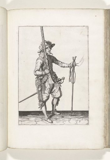 Soldier holding his musket upright with his right hand, holding the fork in his left hand to place it on his weapon (no. 4), ca. 1600