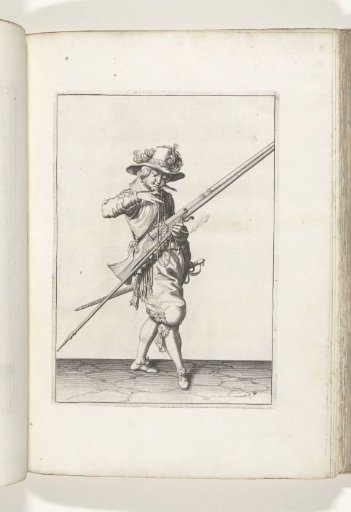 Soldier with a musket blowing the match to his mouth to clean it (no. 7), ca. 1600