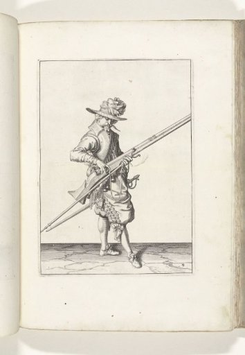 Soldier adjusting the match on the cock of his musket to the correct position and shape (no. 9), ca. 1600