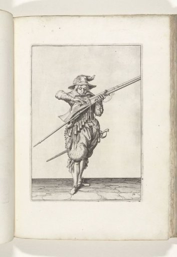 Soldier blowing his match clean while covering the pan of his musket with two fingers to prevent sparks (no. 10), ca. 1600