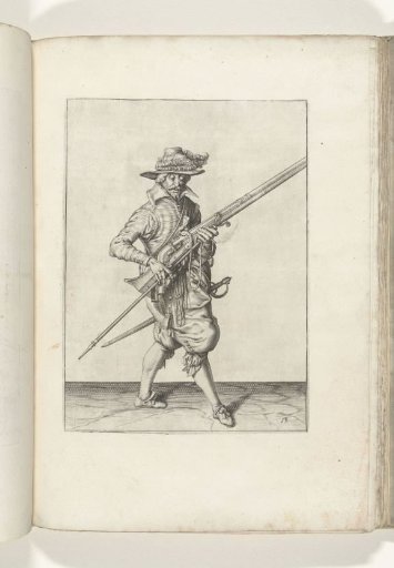 Soldier holding his musket diagonally upward with his left hand while withdrawing the fork from under the barrel (no. 13), ca. 1600