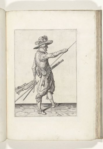 Soldier with a musket sliding his right hand toward the end of the ramrod (no. 26), ca. 1600