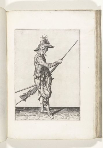 Soldier pushing powder and ball into the barrel of his musket with the ramrod (no. 27), ca. 1600