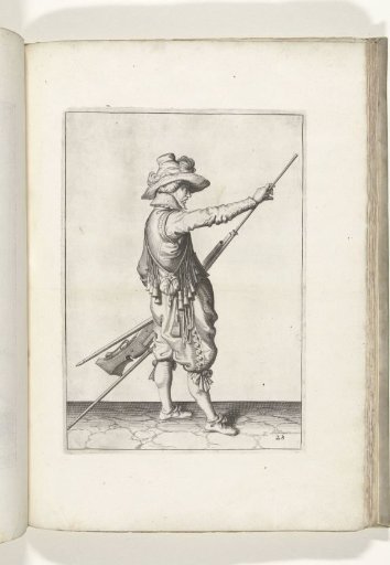 Soldier withdrawing the ramrod from the barrel of his musket (no. 28), ca. 1600