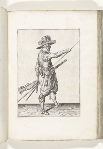 Soldier with a musket sliding his right hand toward the end of the ramrod (no. 29), ca. 1600