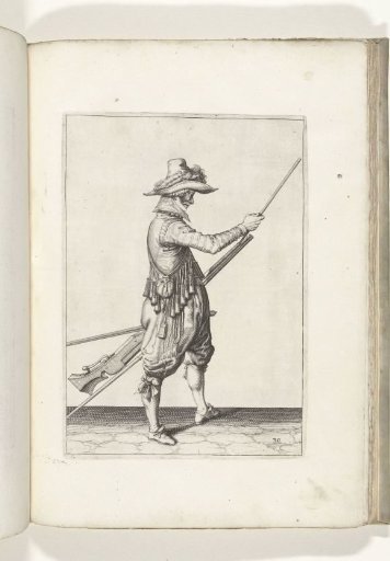 Soldier sliding the ramrod into the holder under the barrel of his musket (no. 30), ca. 1600